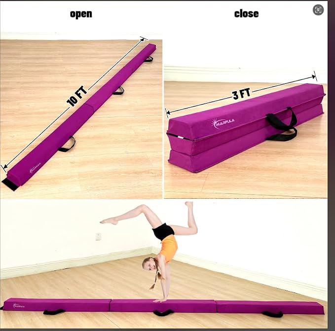 MARFULA 6 FT / 8 FT / 9 FT Folding Gymnastics Beam Foam Balance Floor Beam - Extra Firm - Suede Cover - Anti Slip Bottom with Carry Bag for Kids/Adults Home Use