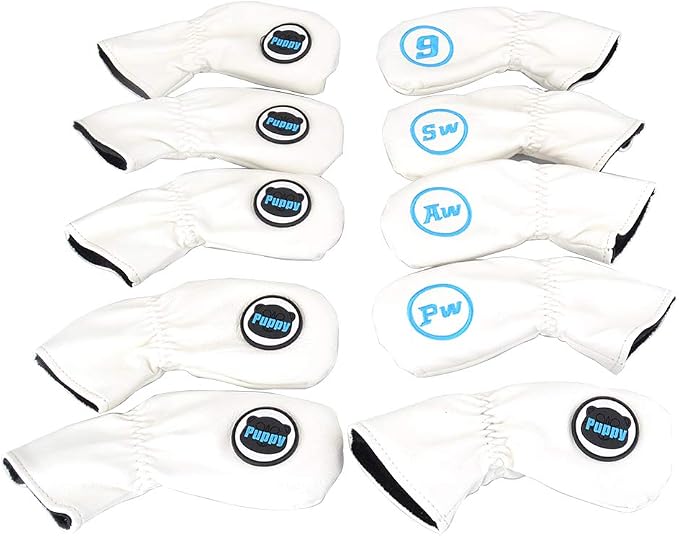 GOOACTION 10PCS/Set Golf Club Iron Head Covers Set with Puppy Pattern Thick Synthetic Leather Funny Headcovers (4.5.6.7.8.9.AW.PW.SW.Blank)