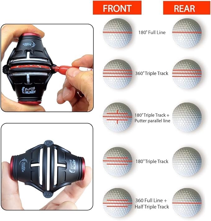 BIRDIE79 Golf Ball Line Marker Tool Kit Set. 360 Degree 3-Line Plus Vertical Line Putting Alignment & Triple Track Standing Ball Marker with Adjustable Tilt Angle, Confidence Liner Accessories.
