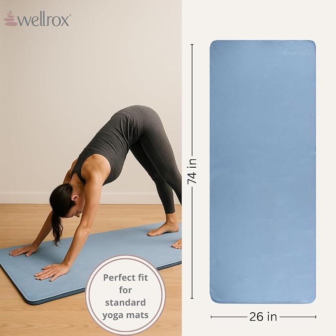 Wellrox Microfiber Yoga Mat Towel with Grip – Ultra Absorbent, Super Soft, and Quick Dry Hot Yoga Towel Non Slip for Pilates, Bikram, and Fitness Workouts (74” x 26”, Blue)