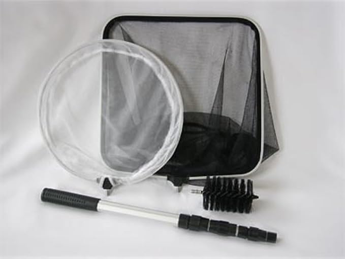 Koi Fish Pond & Water Garden Care Set with Telescoping Adjustable Pole, Pond Cleaning Care Kit, 4-in-1 Net Set Includes Scrubbing Brush, Skimming Net & Fish Catching Net with 6 FT Telescopic Pole