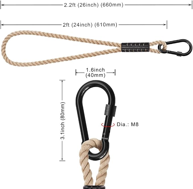 SELEWARE Hammock Straps, 2ft Tree Swing Rope for Hammock Chair Hanging Kit, Extension Rope with Carabiner for Indoor Outdoor Playground Tree Swings Camping Hammock Accessories (Beige, 2 Pack)