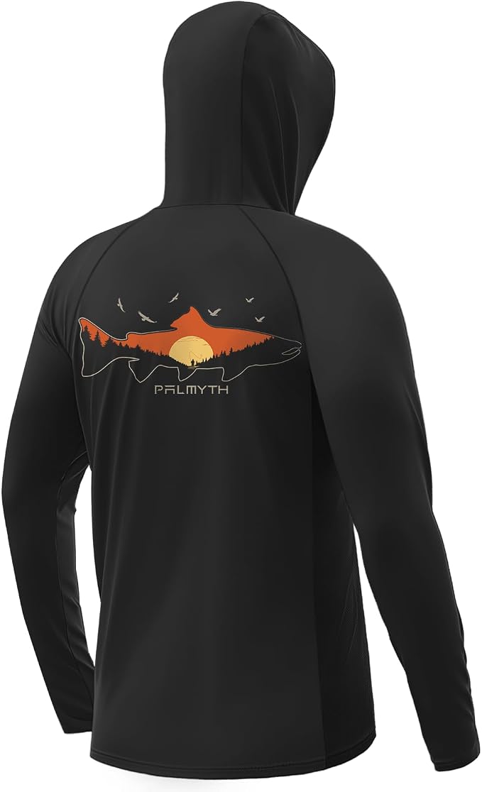 Palmyth Fishing Hoodie for Men Long Sleeve Sun Protection UV UPF 50+ Shirts | Hidden Zipper Pocket, Thumb Loops, Quick-Dry, Side Mesh Panels, Lens Cleaning Cloth, 4-Way Stretch