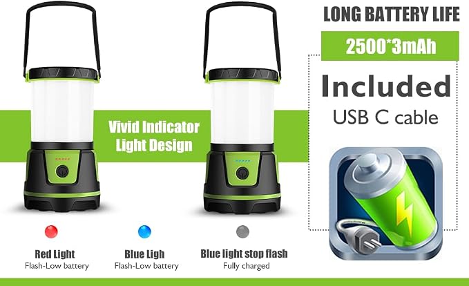 Rechargeable LED Lantern - 3000 Lumens, 5 Light Modes, IP54 Waterproof, 7500mAh Battery, Portable Flashlight for Camping, Hiking, Power Outages & Emergencie (Green)