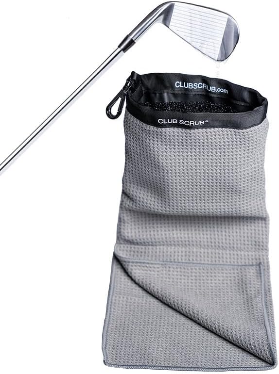 Club Scrub Towel Pro, Golf Club and Ball Cleaning Pouch with Attached Towel, Waterproof Exterior, Clean Face Technology Liner, Machine Washable, Cleans Club Grooves, Waffle-Weave Microfiber (Gray)