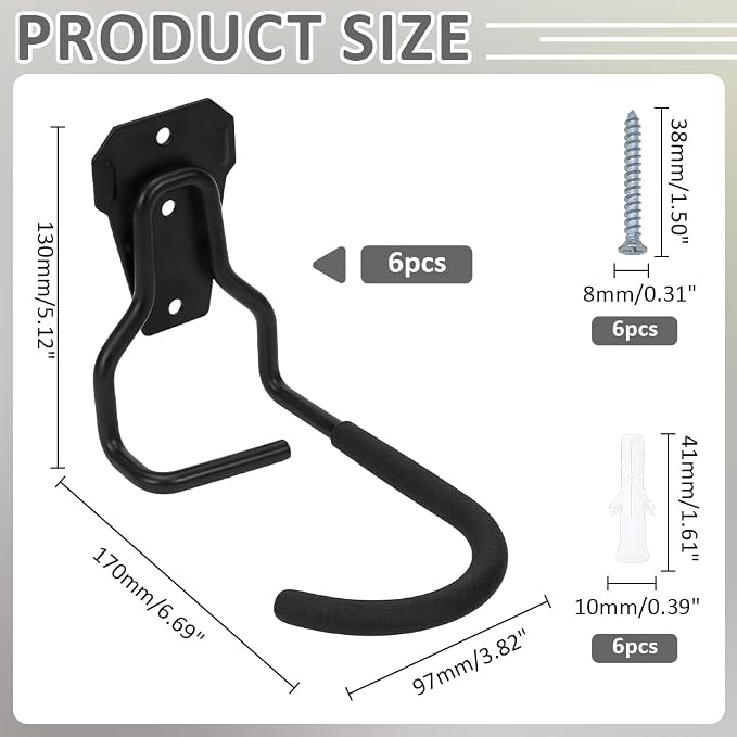 6Pcs Slatwall Bike Hooks Heavy Duty Iron Bicycle Hanger with 6Pcs Screws Black Wall Mount Vertical Bicycle Storage Bike Wall Mount Bikes Hook Slatwall Accessories for Garage Display