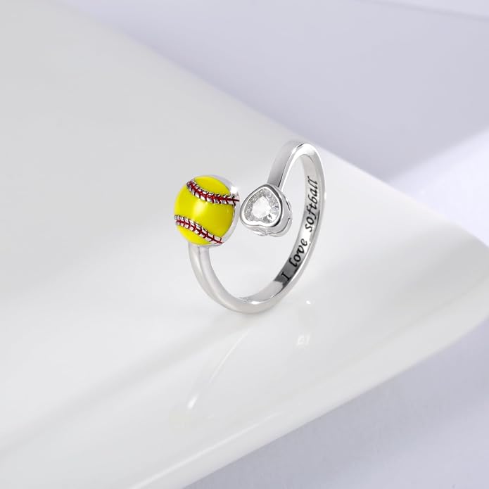 925 Sterling Silver Basketball Softball Baseball Football Tennis Racket Ring Adjustable Sports Jewelry Gifts for Women Player Mom
