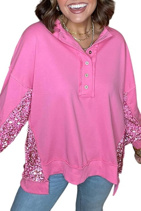 Chvity Sweatshirts for Women Sequin Patchwork High Low Hem Henley Oversize Soft Casual 2025 Fall Sweatshirt