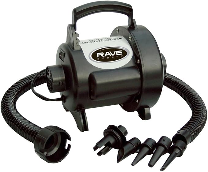 Rave Sports Electric Air Pump – Portable High Speed Inflator/Deflator for Inflatables, Water Slides, Air Mattresses & Pool Toys with 5 Adaptors