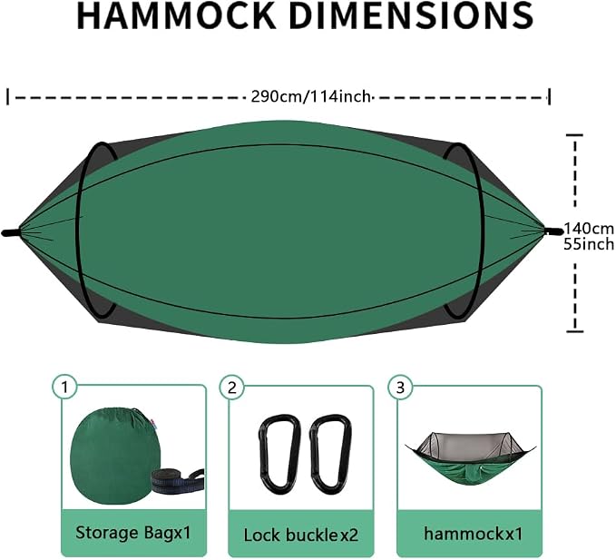 Camping Hammock with Mosquito Net - Double & Single Portable Hammocks with 2 Tree Straps, Lightweight Hammock Tent for Outdoor Camping, Hiking, Backpacking, Beach & Backyard (Dark Green)