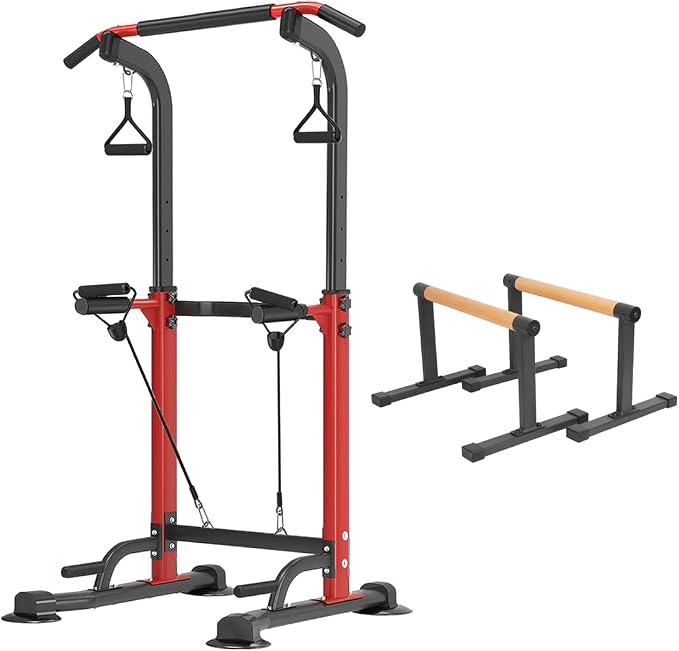 Height Adjustable Multi-functional Power Tower Pull Up Bar Station &Wooden Parallel Bars