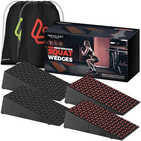 Flexelent Squat Wedge Block Pair, Squat Ramp, Calf Raise Block, Anti-Slip Slant Board, ATG Equipment to Boost Workout, 17° Incline, 3.5x5.9x12.2, Backpack Included - Classic & Bold (Black & Red)