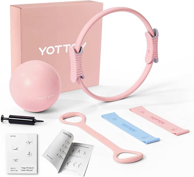 YOTTOY Pilates Ring and Ball Set, Figure 8 Resistance Bands, Stretch Bands&Guide,Pilates Equipment Set for Beginners for Home Workouts Core Strength, Yoga, Physical Therapy & Rehab