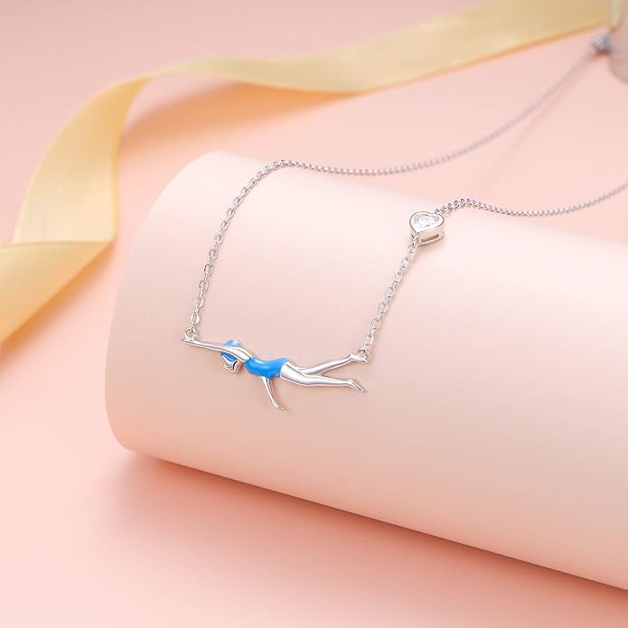 925 Sterling Silver Heart CZ Cute Swimming Girl Pendant Necklace for Women Teen Swimmer Coach Gift