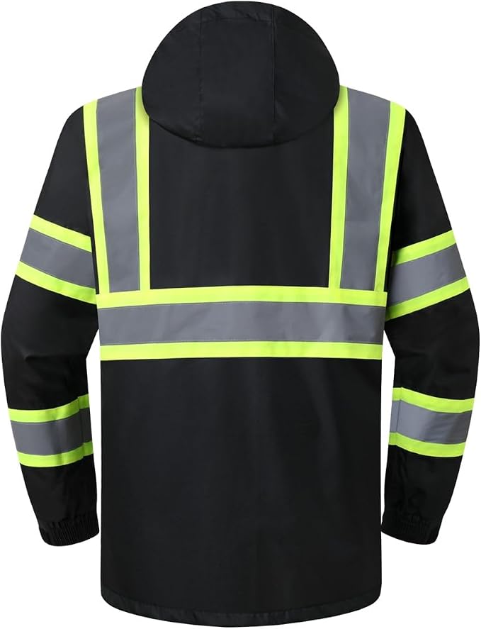 JKSafety Hi-Vis Reflective Safety Rain Jacket for Men Women Waterproof Rain Gears for Farming Fishing Work HV Rain Jacket with Inner Mesh Lining and Pockets (117A-Black L)