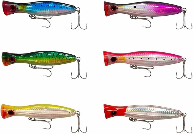 6-Piece Large Topwater Popper Fishing Lures with Tackle Box | 5-inch surface poppers, 1.45 oz (41 g) each, Freshwater and saltwater surf casting, Rattling Surface Poppers