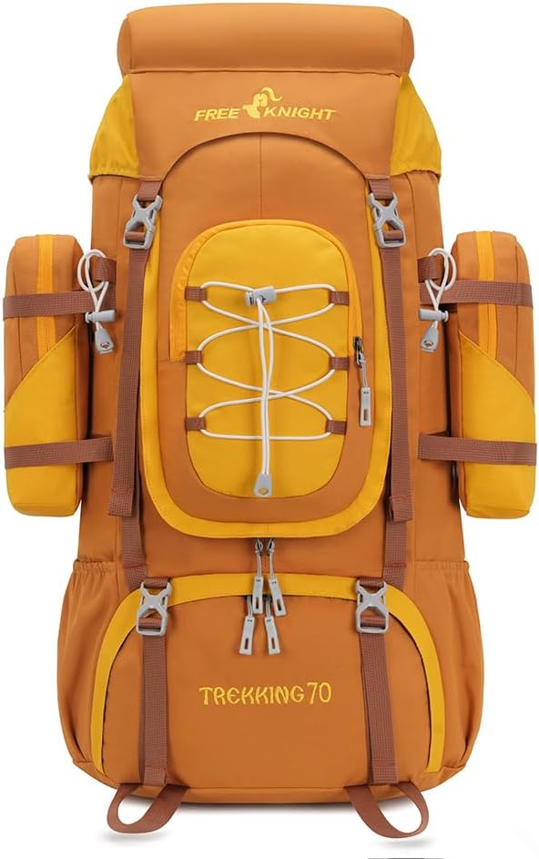 Bseash 70L (65+5) Waterproof Hiking Camping Backpack with Rain Cover, Outdoor Sport Travel Daypack for Climbing Touring (Yellow)