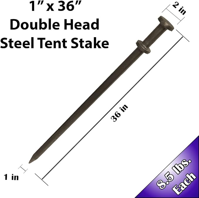 1 x 36 Inch Heavy Duty Double Head Steel Tent Stakes, Industrial Strength Versatile Ground Anchors for Commercial Inflatables, Large Event Tents and Camping Shelter Spikes - 4 Pack