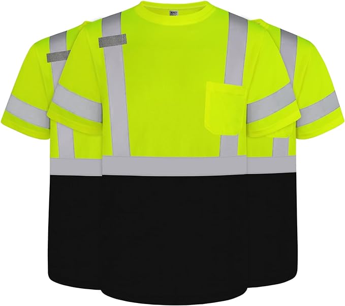 TCCFCCT Safety Shirts for Men Class 3 High Visibility Shirts with Pocket, Hi Vis Reflective Shirts for Men Women, Short Sleeve Construction Work Shirts with Black Bottom, Durable, DP-Yellow S 3PCS