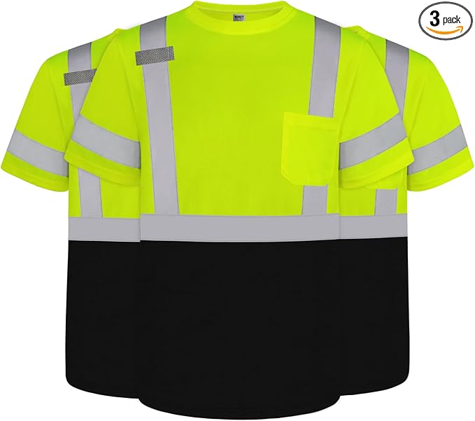 TCCFCCT High Visibility Shirts for Men Class 3 Construction Shirts with Pocket, Hi Vis Reflective Safety Work Shirts for Men Women, Short Sleeve with Black Bottom, Durable, DP-Yellow 3XL 3PCS