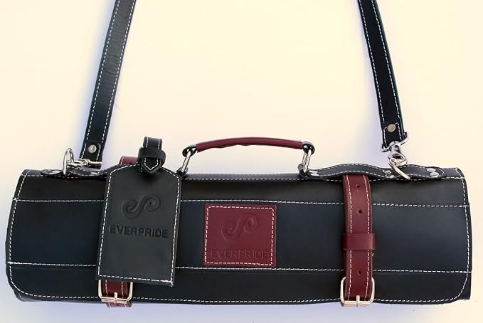 EVERPRIDE Elegant Black Leather with Maroon Trim, Professional Chef Knife Roll Bag for Knives. Premium Leather Bag, Sturdy Construction, Luxurious Carry Case and Display for Knives. A Great Gift.