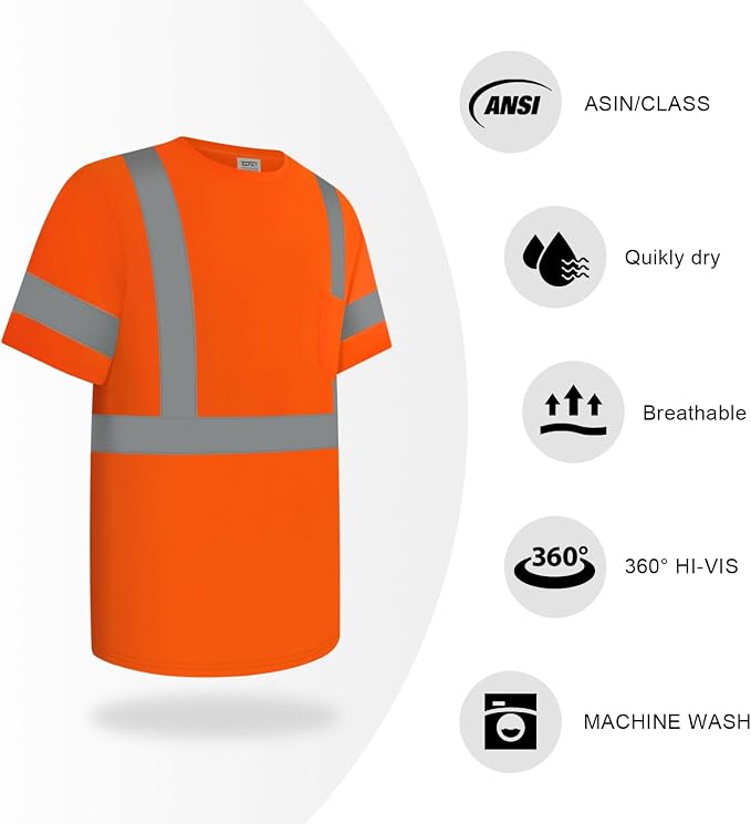 TCCFCCT Hi Vis Shirts for Men Class 3 High Visibility Shirt with Short Sleeves, Reflective Safety Shirts for Men, Construction Work Shirts with Reflective Strips, Durable &Breathable, DC-Orange XL