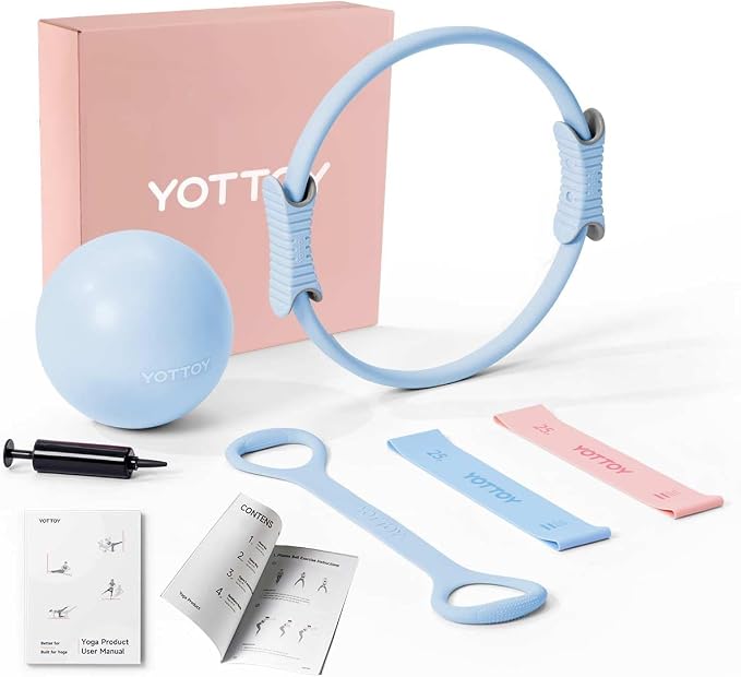 YOTTOY Pilates Ring and Ball Set, Figure 8 Resistance Bands, Stretch Bands&Guide,Pilates Equipment Set for Beginners for Home Workouts Core Strength, Yoga, Physical Therapy & Rehab