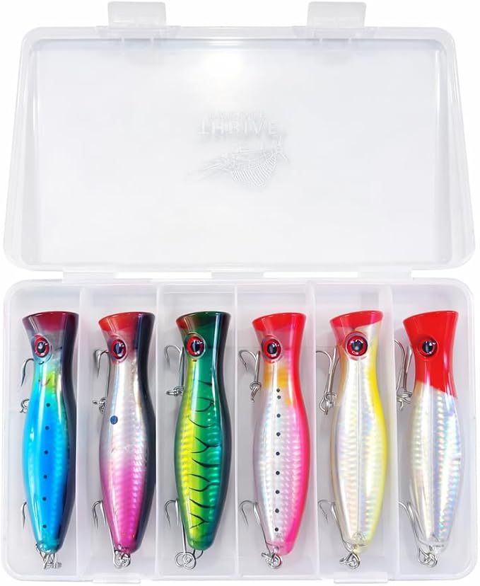 6-Piece Large Topwater Popper Fishing Lures with Tackle Box | 5-inch surface poppers, 1.45 oz (41 g) each, Freshwater and saltwater surf casting, Rattling Surface Poppers