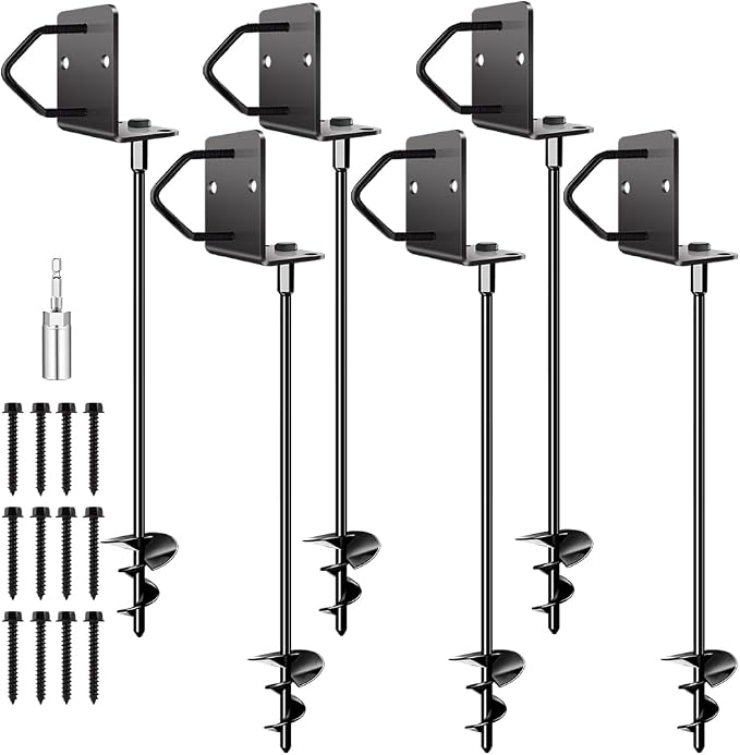 Ground Anchors Shed Anchors 27" Set of 6 Trampoline Stakes Screw in Heavy Duty Mobile Home - Storage Shed Anchor Kit - Playset Swing Anchors - Stakes for Fence,Carport,Garden (Black, 6 x 27in)