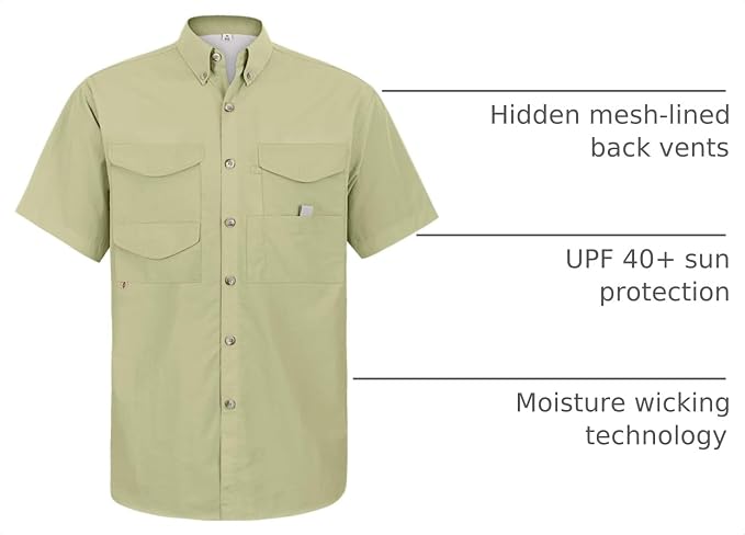 Alimens & Gentle Short Sleeve Fishing Shirt Wicking Fabric Sun Protection Casual Button Down Shirts