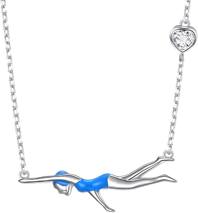 925 Sterling Silver Heart CZ Cute Swimming Girl Pendant Necklace for Women Teen Swimmer Coach Gift
