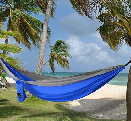 Gold Armour Camping Hammock - XL Double Hammock Portable Hammock Camping Accessories Gear for Outdoor Indoor with Tree Straps, USA Based Brand (Blue and Gray)