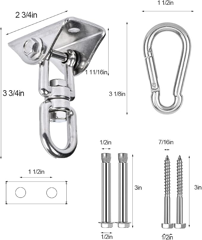 360° Swivel Swing Hangers for 1200lb Heavy Duty in 304 Stainless Steel, Swing Hook Set Fits Wood & Concrete for Yoga, Hammock, Trapeze, Boxing Sandbag Lifting Rope and Playground Suspension Equipments