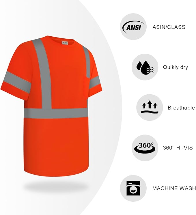 TCCFCCT Construction Shirts Class 2 High Visibility Shirt for Men, Hi Vis Reflective Safety Shirts for Men Women, Short Sleeve Work Shirts for Men, Durable & Breathable, DC-Orange M 3PCS