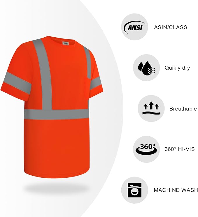 TCCFCCT Hi Vis Shirts for Men Class 2 High Visibility Shirt with Pocket, Short Sleeve Construction Work Shirts with Reflective Strips, Durable Reflective Shirts, Breathable, DC-Orange XXL 3PCS