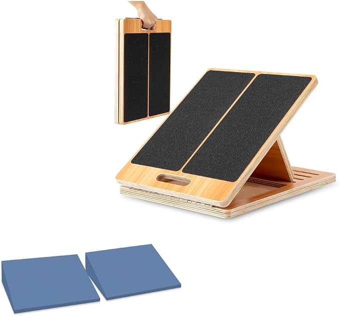 StrongTek Stretch & Stability Set – Wooden Slant Board + XL Foam Wedge Blocks, for Calf Stretch, Ankle Mobility, Squats, Physical Therapy & Yoga