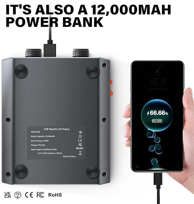 20PSI High Pressure SUP Electric Pump - Rechargeable Dual-Stage Smart Air Inflator/Deflator for Stand Up Paddle Board, Inflatable Kayak, Surfing Kite, Tent, Pool - Auto-Off, 12V Car Adapter