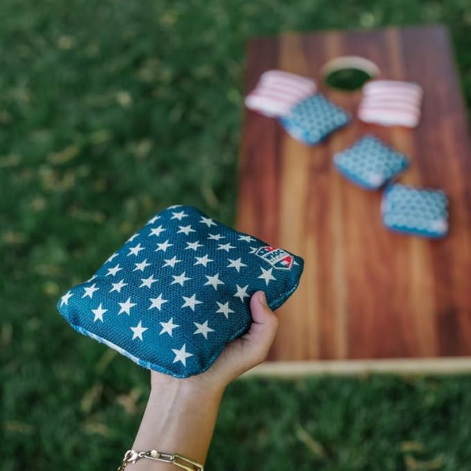 Official Pro Cornhole Bags Set of 8 – Regulation Size & Weight Corn Hole Bean Bags – Patriotic American Flag Inspired Designs – Professional Outdoor Yard Game Accessories