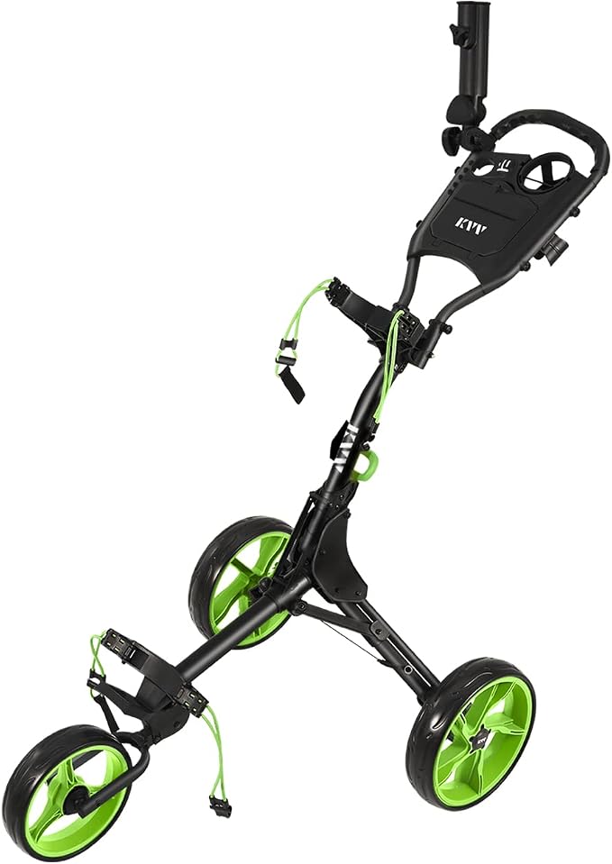KVV 3 Wheel Golf Push Cart Ultra Lightweight Smallest Folding Size, New-Version Scorecard Holder