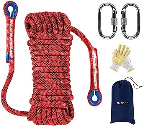 Indoor Outdoor Climbing Rope, 10/12/14mm (32FT/49FT/65FT/98FT) Static Rock Climbing Rope for Escape Rope, Ice Climbing Equipment, Fire Safety Rescue Rope, with Non Slip Gloves