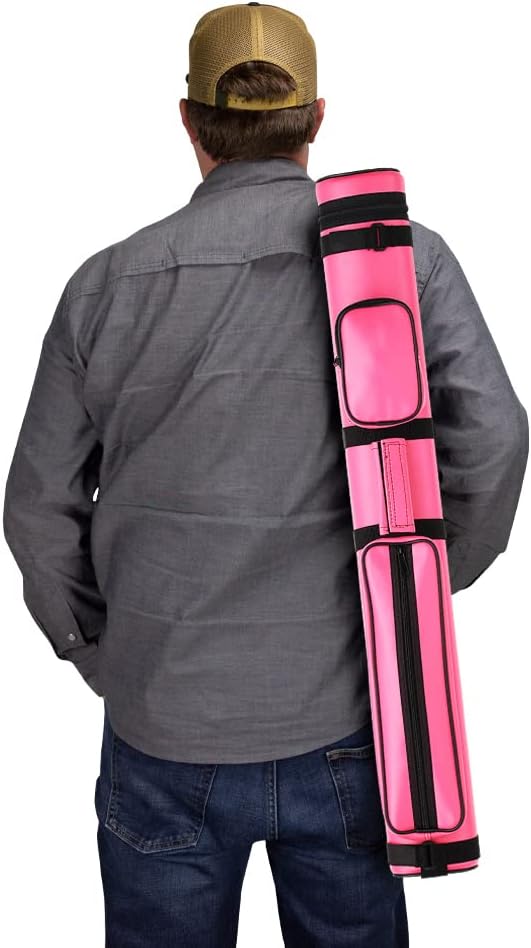 Action 34" Long Pool Cue Hard Carrying Case - Holds 2 Butts & 2 Shafts, Separate Molded Tubes, Large Zippered Accessory Pockets, Adjustable 1" Vinyl Carrying Strap, Fits up to 32" Shaft or Butt