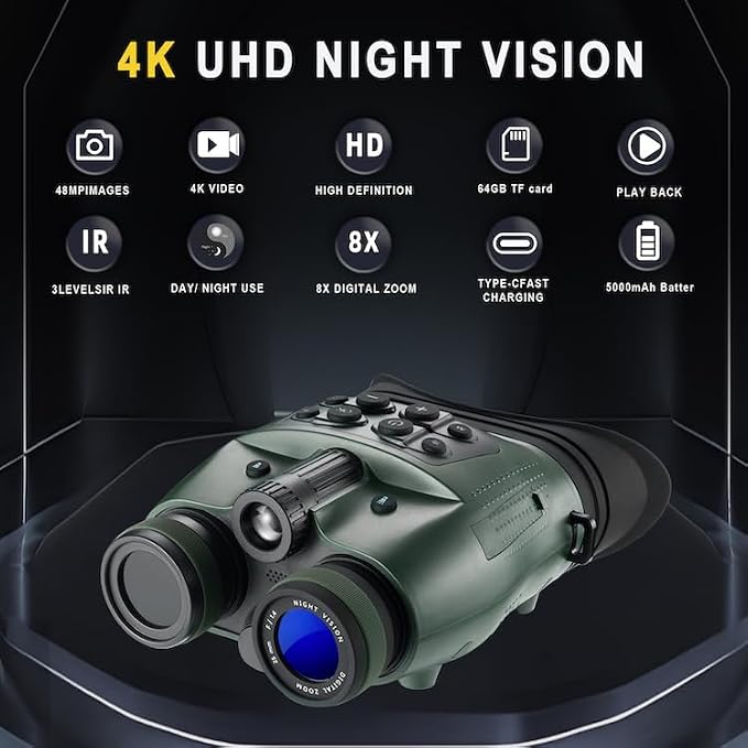 Night Vision Goggles 1080P 48MP,3'' HD Display,5X Optical 8X Digital Zoom,IPX4 Waterproof Infrared Night Vision for Camping