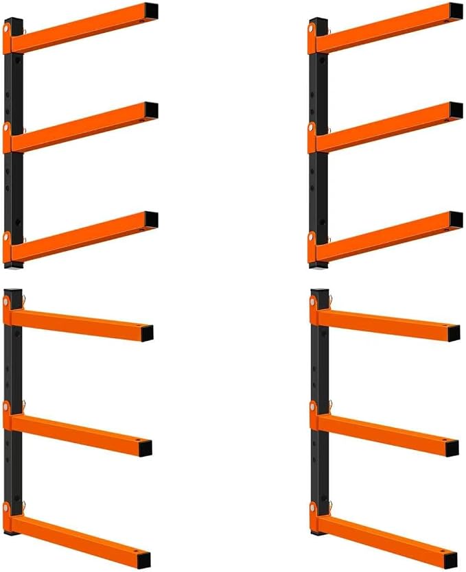 Homydom Heavy Duty Wall Mounted Lumber Storage Rack, 3-Level, 4 Pack Metal Garage Shelving System for Wood, Pipes & Skis, 300 Lbs Capacity Organizer Bracket (Black/Orange)