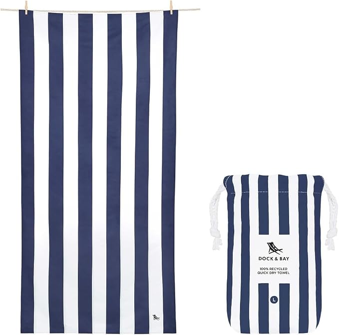 Dock & Bay Beach Towel - Quick Dry, Sand Free - Compact, Lightweight - 100% Recycled - Includes Bag - Cabana - Navy - Extra Large (200x90cm, 78x35)