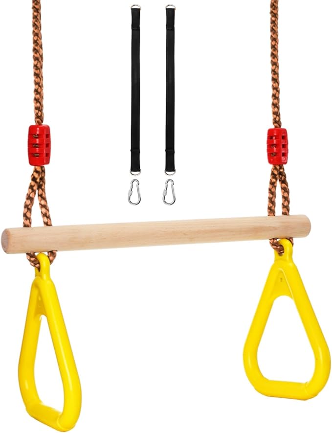 Covzoe Trapeze Bar, 16" Adjustable Height Wooden Swing Set, Trapeze Climbing Bar Assembly with Rings, Gym Hanging Accessories Playground Attachments