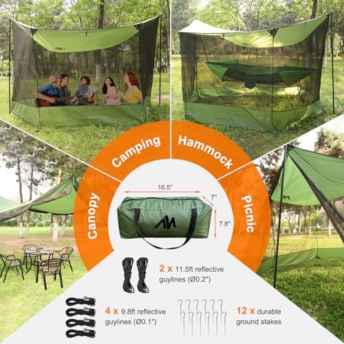 Screen House for Hammock, AYAMAYA Large Size 18 x 11 FT Screen Tents Camping Tarp with Mosquito Net, Portable Hammock Tent Rainfly with Bug Net for Picnics Backyards Backpacking Camping