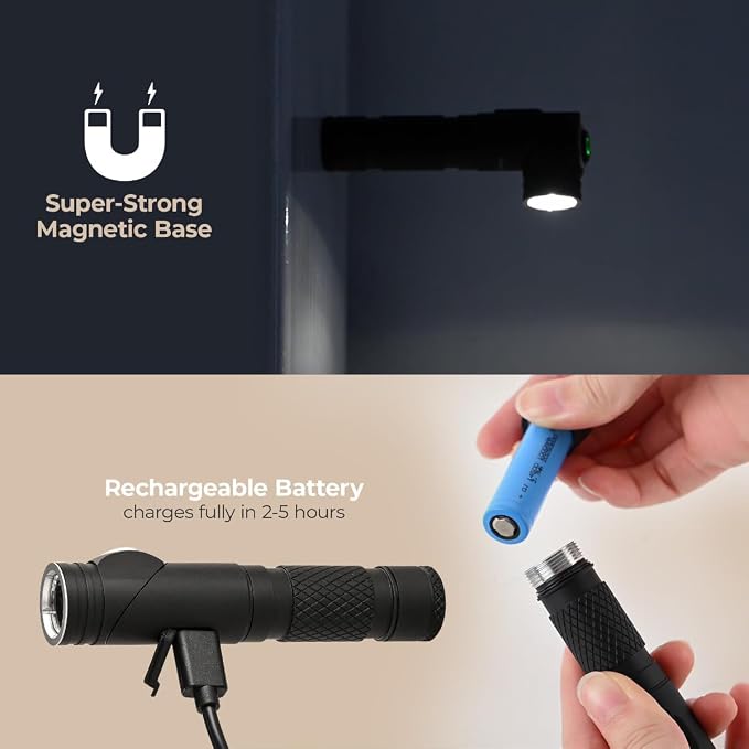 Pocket 3.7in LED USB-C Rechargeable Flashlight 2W 600 Lumens 1,000 MaH 4+ Hours Full Charge with Adjustable Beam, Headlight Strap, and Replaceable Battery