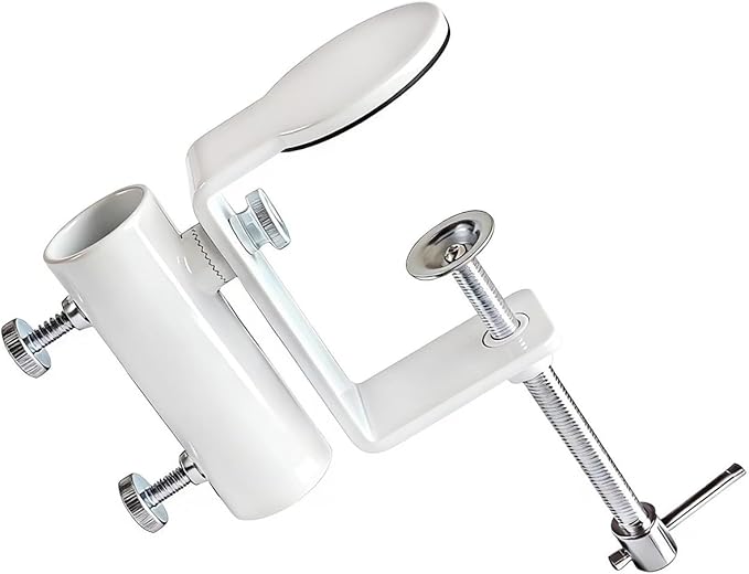 White Heavy Duty Patio Umbrella Clamp, Rustproof Steel Railing Holder with 360° Rotation for Balcony, Fence, Bleachers & Outdoor Deck