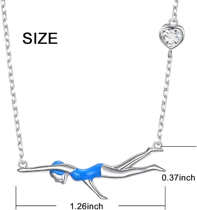 925 Sterling Silver Heart CZ Cute Swimming Girl Pendant Necklace for Women Teen Swimmer Coach Gift