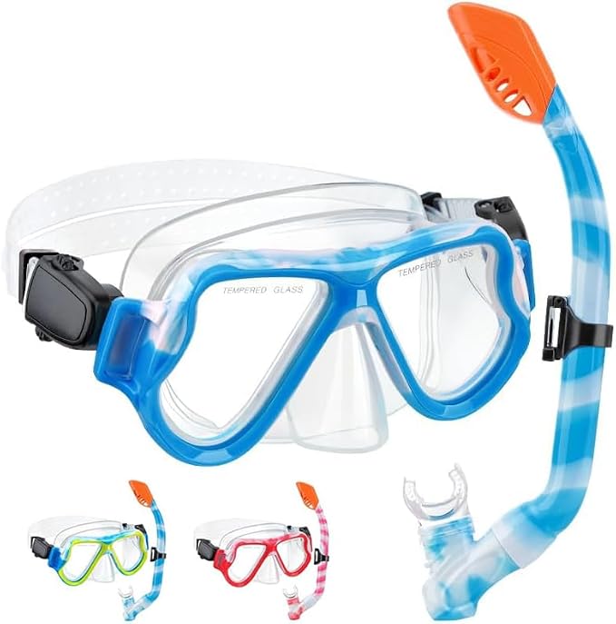 Snorkeling Gear for Kids, 4 in 1 Child Mask Fins Snorkel Set with Panoramic View Anti Fog Mask, Dry Top Snorkel, Trek Fins and Travel Bag, Kids Snorkeling Set with Fins for Snorkeling Swimming
